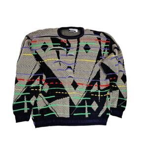 VTG Hilton Coogie Style  XL Acrylic Sweater Grey/Blk Cubist Face